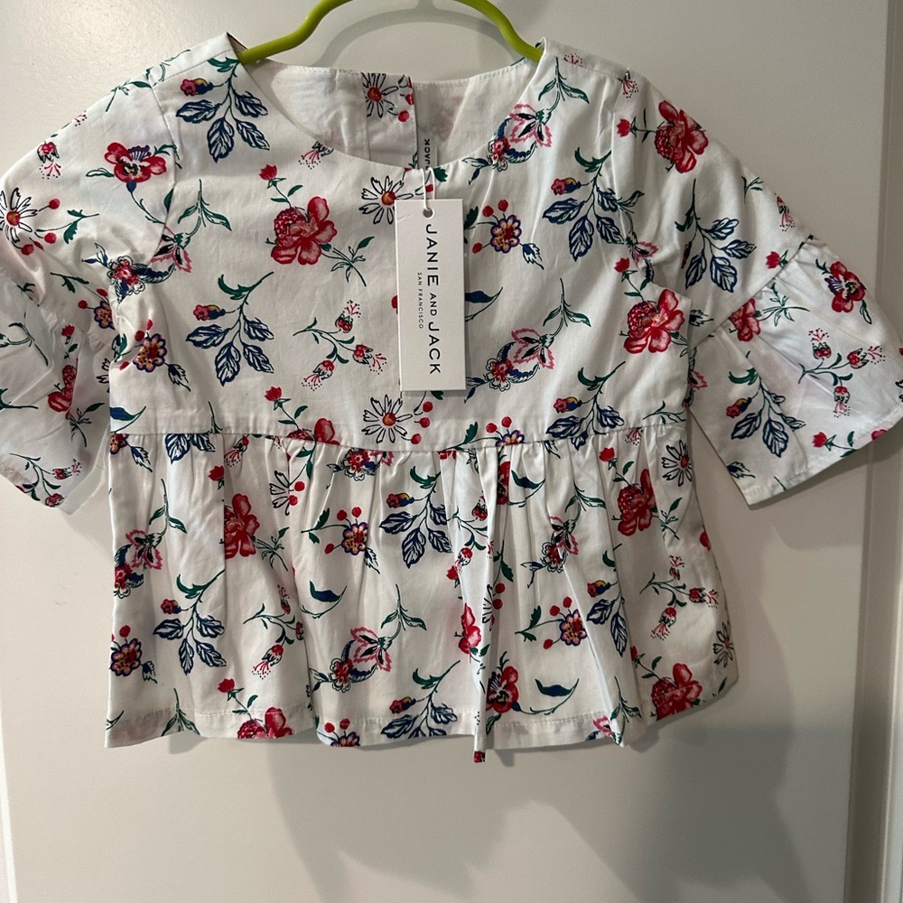 Janie and Jack White and Red Floral Blouse with Flutter Sleeves